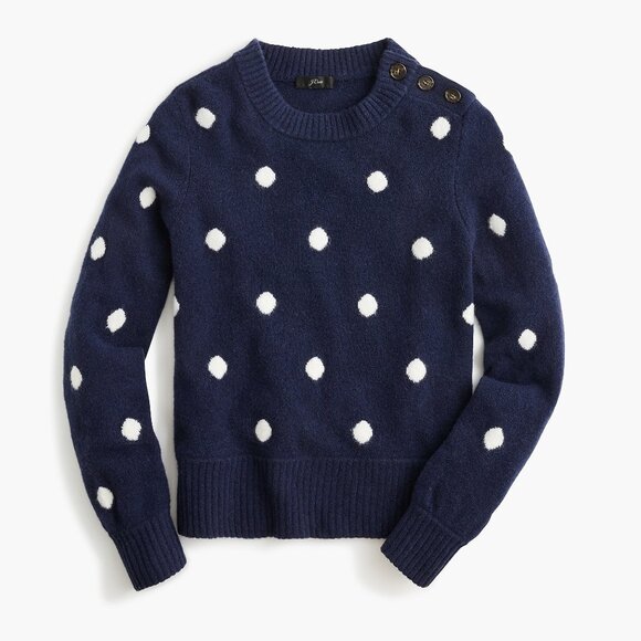 J. CREW Button Merino Blend Polka Dot Crewneck Sweater Navy Women's Size Medium - Picture 1 of 10
